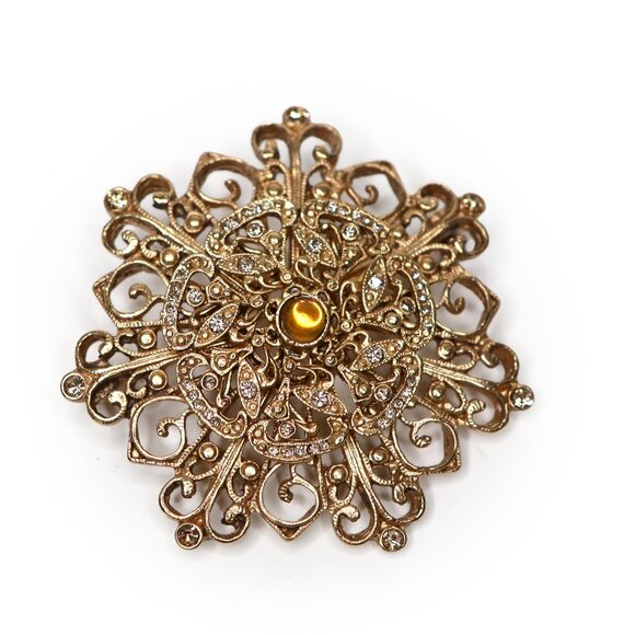 Vintage Gold Tone Starburst Brooch Large Pin Retro Jewelry Clear Amber Stones - Picture 1 of 7